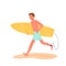 Happy surfer runs with surfboard on tropical beach, summer beach travel vacation scene