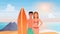 Happy surfers couple people surf on tropical beach landscape, summer tourism vacation