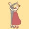 Happy sweet couple dancing on yellow background