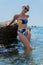 Happy swimsuit girl beach Skala sea glasses beautiful background relax, from vacation female from hair for sunrise urban