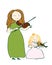 Happy teacher and little girl play the violin on a white background, vector, illustration