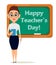 Happy Teacher`s Day. Cute teacher with pointer and notebook stands at the blackboard