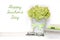 Happy Teacher`s day greeting card - bouquet of light green hydrangea branch in flower pot with satin ribbon, pile of notebooks,