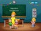 Happy Teacher`s Day text on chalkboard with student and teacher