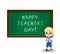 Happy teachers day clip art with school boy near chalckboard isolated on white