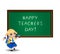 Happy teachers day greeting card clip art with cute cartoon school girl on white