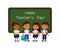 Happy teachers day greeting flat vector illustration. Dark skin schoolkids standing near blackboard in classroom cartoon character