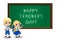 Happy teachers day illustration of cartoon students near blackboard on white