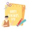 Happy teachers day, male teacher crayon ruler scissors clips and papers