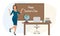 Happy teacherâ€™s day. Beautiful joyful woman teacher near blackboard and desk with globe and books. Vector illustration