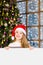 Happy teen girl in christmas hat peeking above white banner