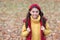 Happy teen girl enjoy autumnal day, autumn. Teenage girl smiling in autumn wear outdoors