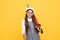 happy teen girl in glasses and beret hold colorful umbrella for rain protection in autumn, fall.