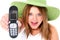Happy Teen Girl In Green Hat With Cellphone
