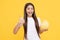 happy teen girl hold big citrus fruit of yellow pomelo full of vitamin show thumb up, best