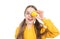 happy teen girl hold citrus lemon fruit with vitamins isolated on white, vitamin