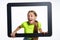 Happy teen girl peeking through digital tablet frame