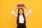 happy teen girl in school uniform hold book stack, knowledge