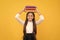 happy teen girl in school uniform hold book stack, knowledge