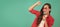 happy teen girl singer blogging online with selfie led and microphone, karaoke online. Horizontal poster of 