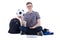 Happy teenage boy sitting with laptop, backpack and soccer ball