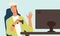 Happy teenage guy sitting in front of computer monitor hold joystick vector flat illustration. Smiling young man gamer