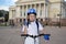 The happy teenager by bicycle near the Tyumen drama theater.