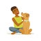 Happy teenager boy stroking friendly brown puppy. Cheerful child character sitting near his pet dog. Domestic animal