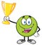 Happy Tennis Ball Cartoon Character Holding A Trophy Cup