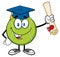 Happy Tennis Ball Cartoon Mascot Character With Graduate Cap Holding A Diploma