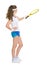 Happy tennis player pointing with racket