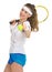 Happy tennis player with racket and ball