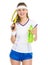 Happy tennis player with racket and water bottle