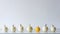Happy Thanksgiving Background. Selection of little white pumpkins on white shelf against white wall.