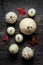 Happy Thanksgiving Background. Selection of various decorative white pumpkins on dark wooden background.