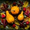 Happy Thanksgiving Background. Selection of various pumpkins on dark metal background. Autumn Harvest and Holiday still life.