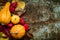 Happy Thanksgiving Background. Selection of various pumpkins on dark metal background. Autumn Harvest and Holiday still life.