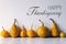 Happy Thanksgiving Background. Selection of various pumpkins on white shelf against white wall. Modern autumn inspired room decor.