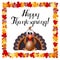 Happy Thanksgiving card - funny cartoon turkey, fall leaves