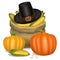 Happy Thanksgiving card. Piligrim hat with orange pumpkins