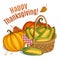 Happy Thanksgiving card, poster, background with basket with cor