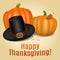 Happy Thanksgiving card, poster, background with piligrim hat