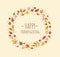 Happy Thanksgiving. Cute autumnal greeting card design with colorful leaves and acorns in circle. - Vector illustration