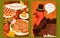 Happy Thanksgiving Day banner, poster design set, turkey and table full of autumn food