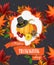 Happy Thanksgiving Day card with pumpkins and pilgrims hat