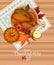 Happy Thanksgiving Day card with turkey and tablecloth with embroidery