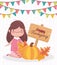 Happy thanksgiving day cute girl pumpkin and wooden sign