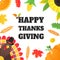 Happy thanksgiving day flat style design poster vector illustration with turkey, text, autumn leaves, sunflower, corn and pumpkin