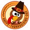 Happy Thanksgiving Day. Funny cartoon character turkey bird in pilgrim hat background wallpaper card round logo. Vector