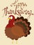 Happy Thanksgiving Day. Greeting card with cartoon turkey in autumn colors